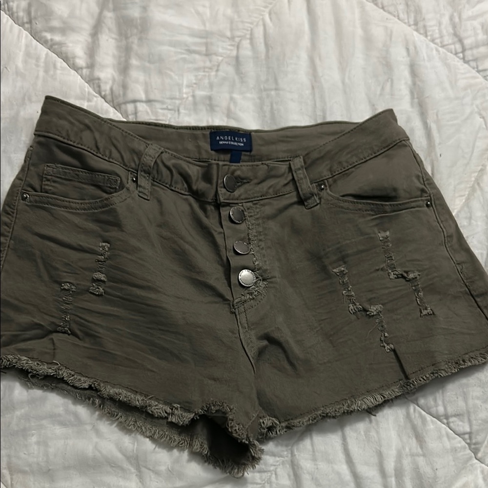 Angel Kiss Women's Olive Distressed Shorts (7)